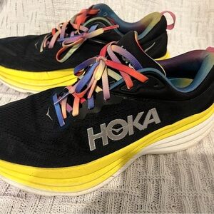 ::rare:: Hoka Bondi 8 black/rainbow shoes with Multicolor Laces, size 9.5 women